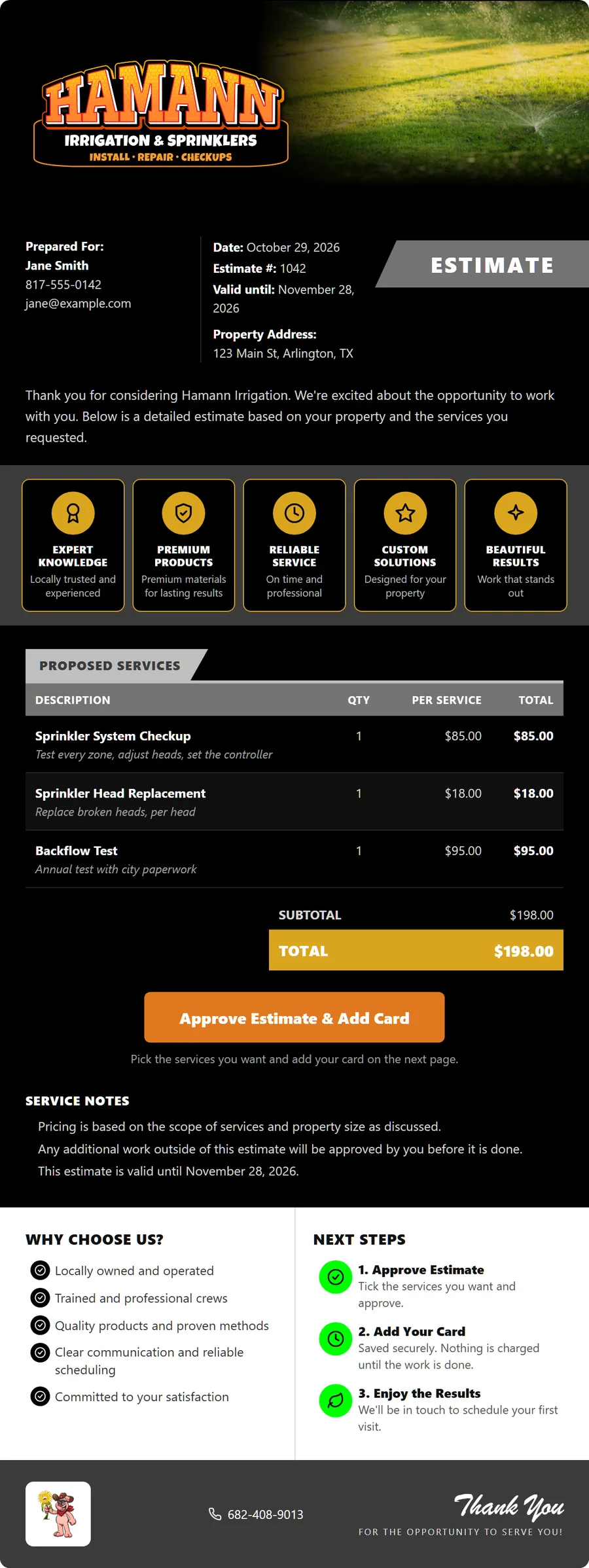 Branded estimate email with the company logo, a header photo, service badges and an Approve Estimate button