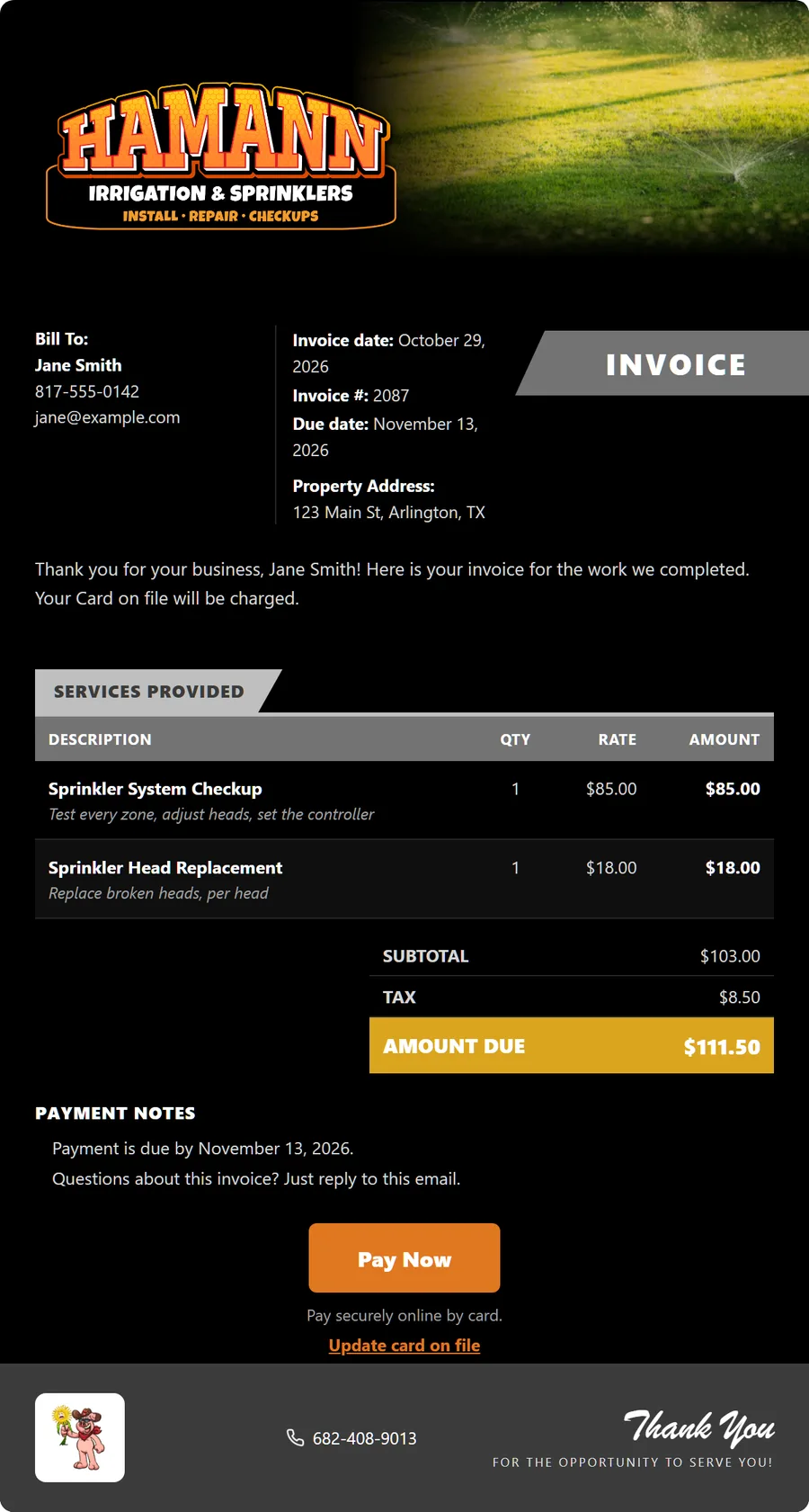 Branded invoice email with line items, sales tax, amount due and a Pay Now button