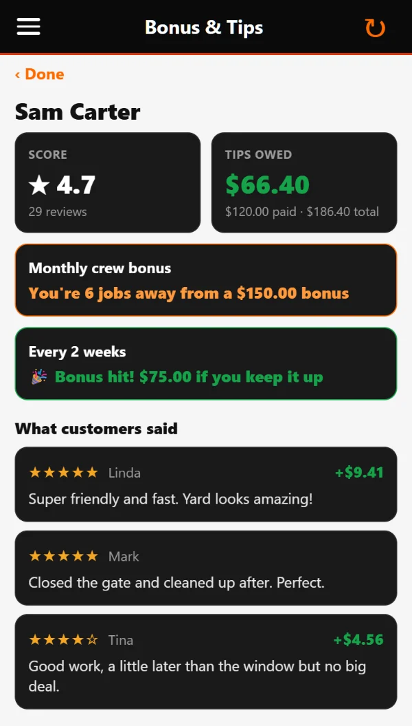 Crew app Bonus & Tips screen: the tech's star rating, tips owed, how close they are to their bonus, and what customers said