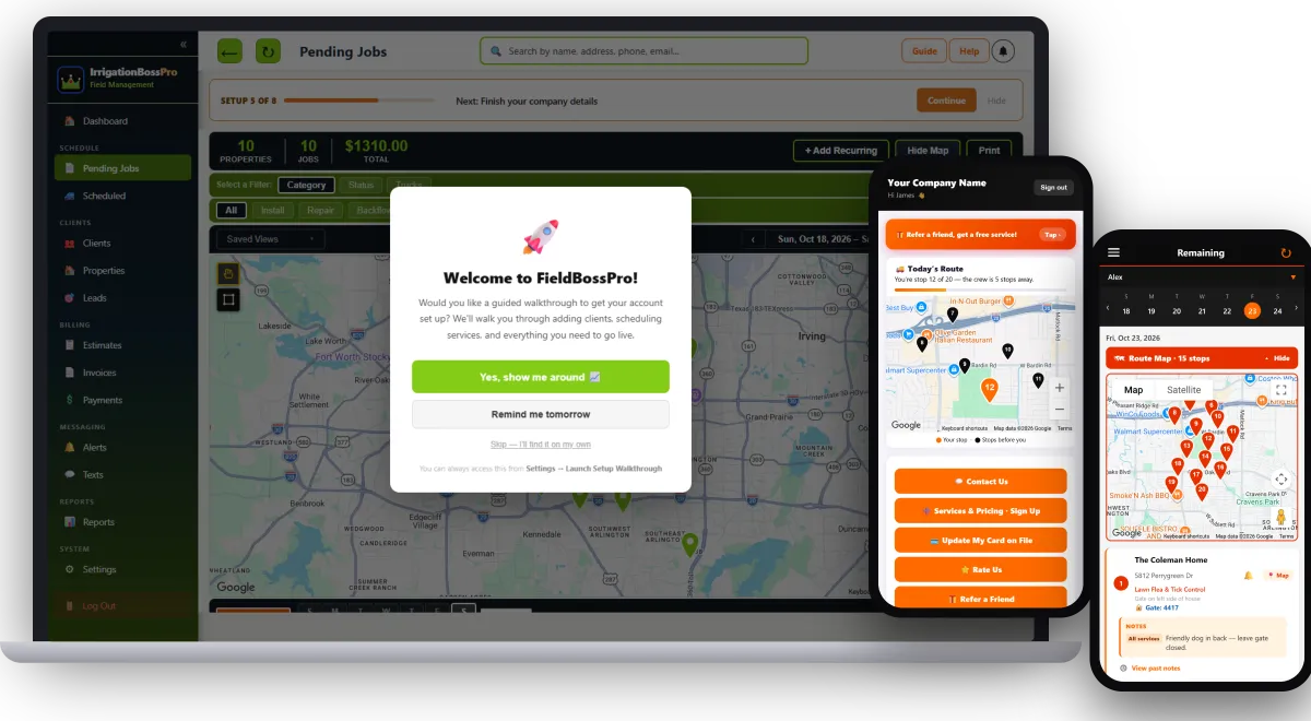 IrrigationBossPro software on a laptop with the client app and crew app on phones