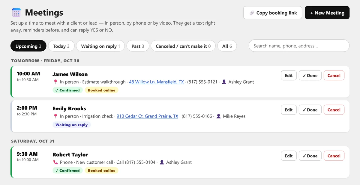 Meetings page: upcoming meetings by day with Confirmed, Waiting on reply and Booked online tags, a Copy booking link button and New Meeting
